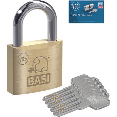 Un cadenas en laiton BASI V55 avec cinq clés dentelées et une carte étiquetée « V55 Code-Karte ». Convient pour les besoins de verrouillage sécurisé.