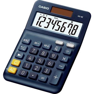 Calculatrice bleu foncé affichant '12345678' sur son écran. Touches pour MRC, M-, M+, monnaie locale et euro, ainsi que les opérations arithmétiques de base.