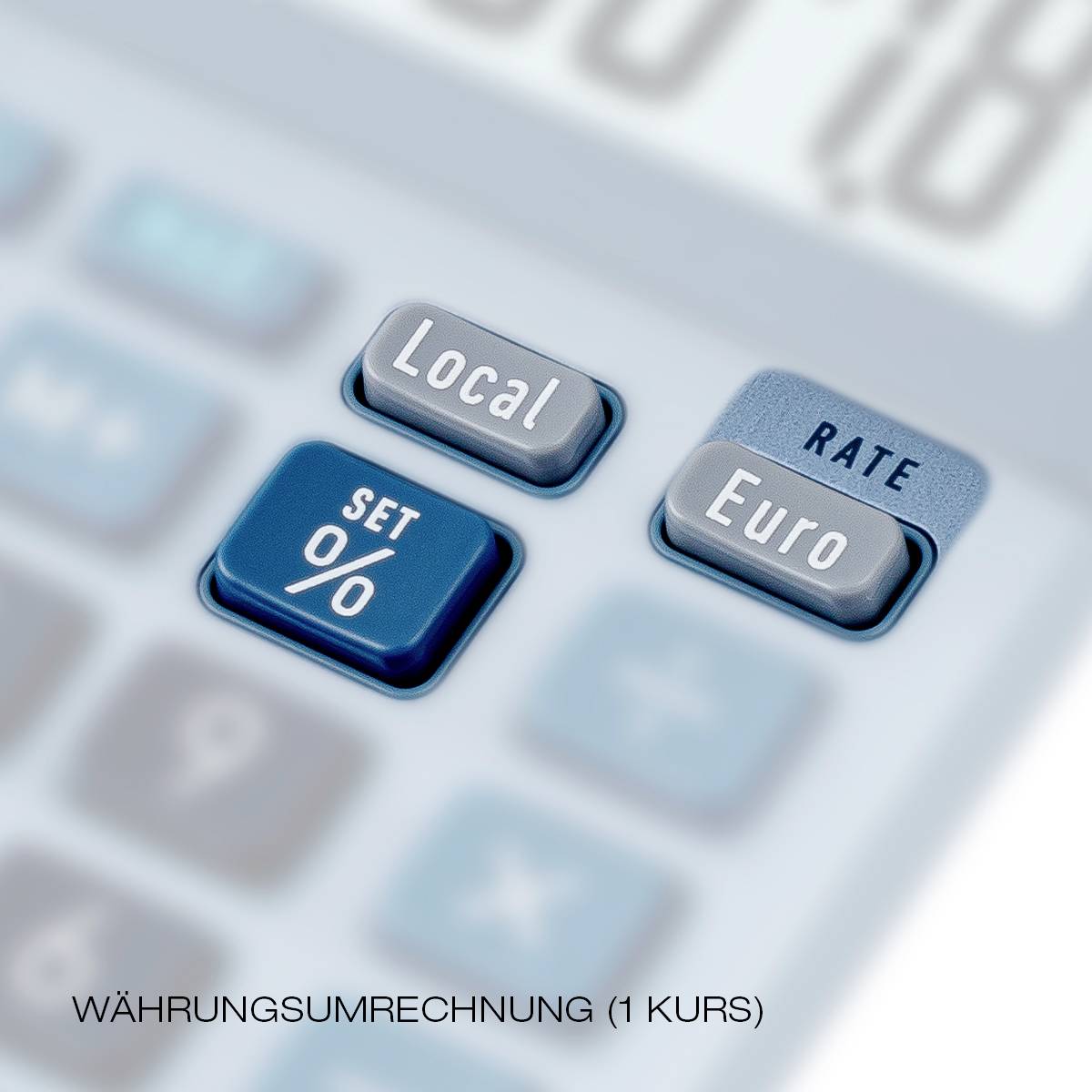 Une calculatrice avec des touches 'Local', 'Euro', et 'Set %'. En dessous, le texte 'Conversion de devise (1 taux)'. Accent mis sur la fonction de taux de change.