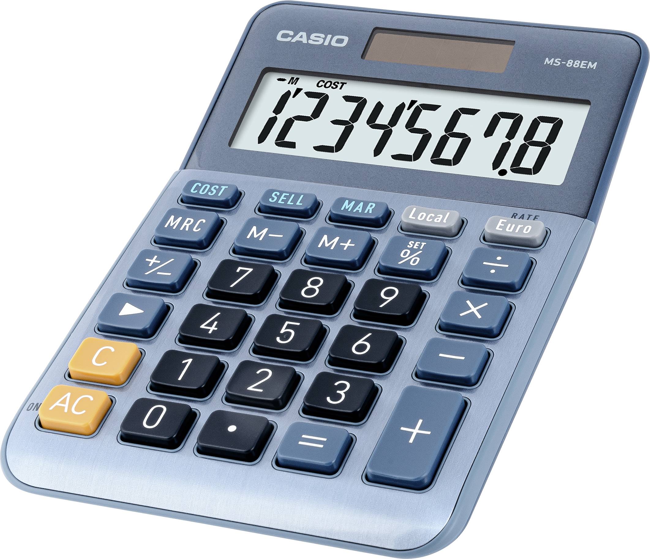 Une calculatrice bleue affiche les chiffres '12345678' sur son écran. Elle dispose de touches spéciales pour calculer les coûts, les ventes et les marges.