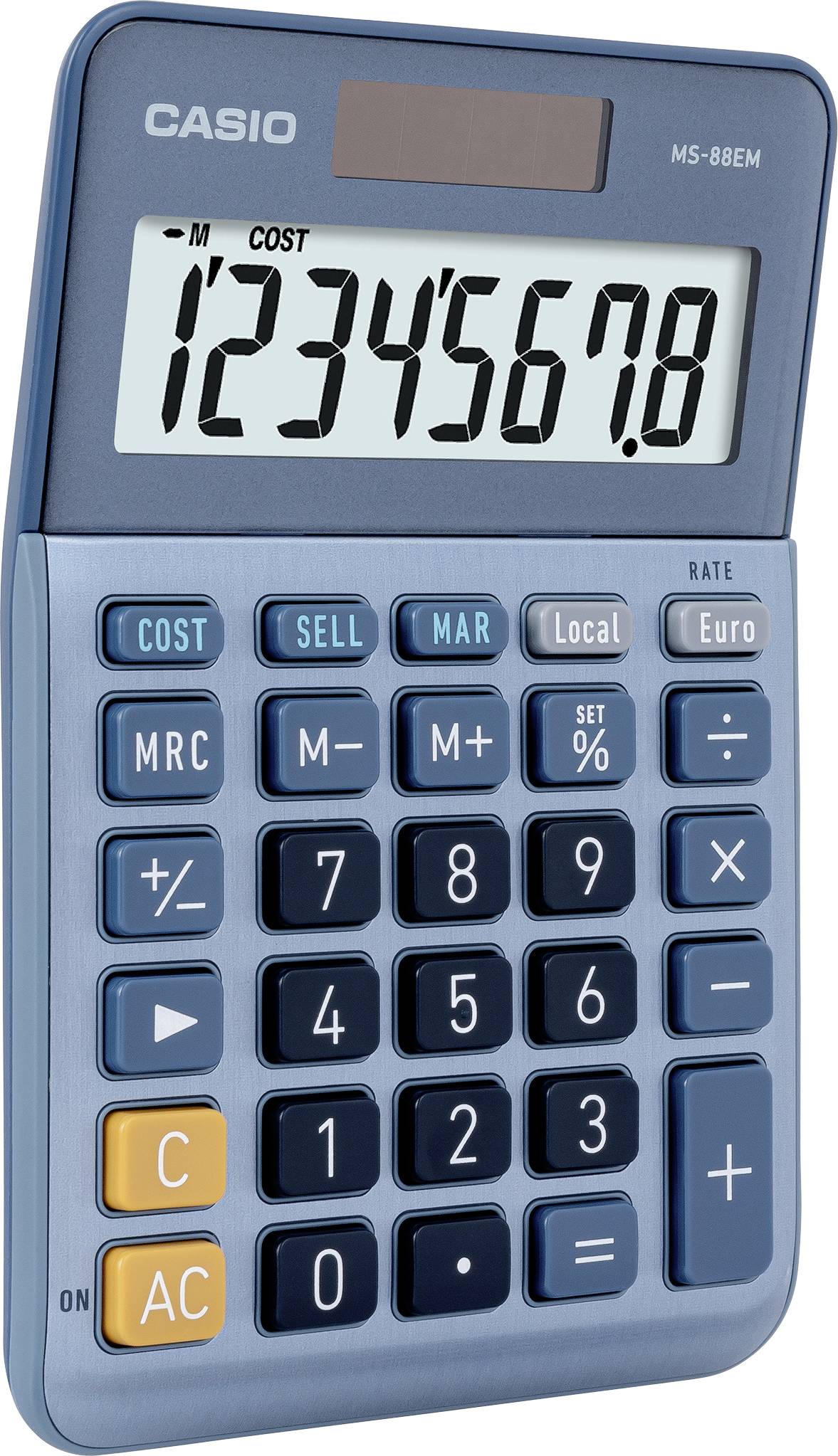 Une calculatrice bleue affiche le nombre 12345678, avec des cellules solaires en haut et de grandes touches de fonction en dessous.
