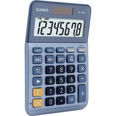 Une calculatrice bleue affiche le nombre 12345678, avec des cellules solaires en haut et de grandes touches de fonction en dessous.