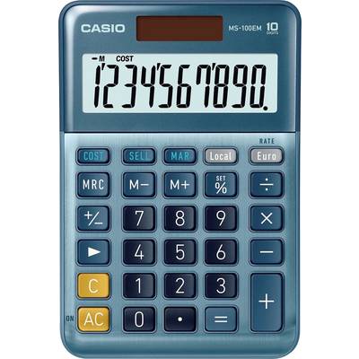 Une calculatrice bleue Casio affiche les chiffres '1234567890' sur son écran. Des touches pour les opérations arithmétiques de base et des fonctions spéciales sont visibles.