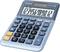 Une calculatrice bleue avec un affichage numérique. Les touches pour différentes fonctions, devises et opérations sont clairement visibles.