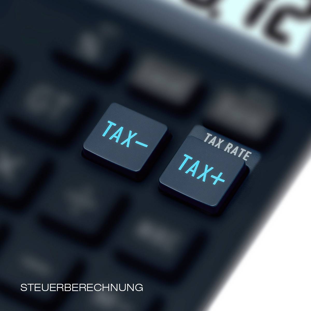 Une calculatrice avec des touches "TAX-" et "TAX+" en évidence. Texte "CALCUL D'IMPÔTS" en dessous.