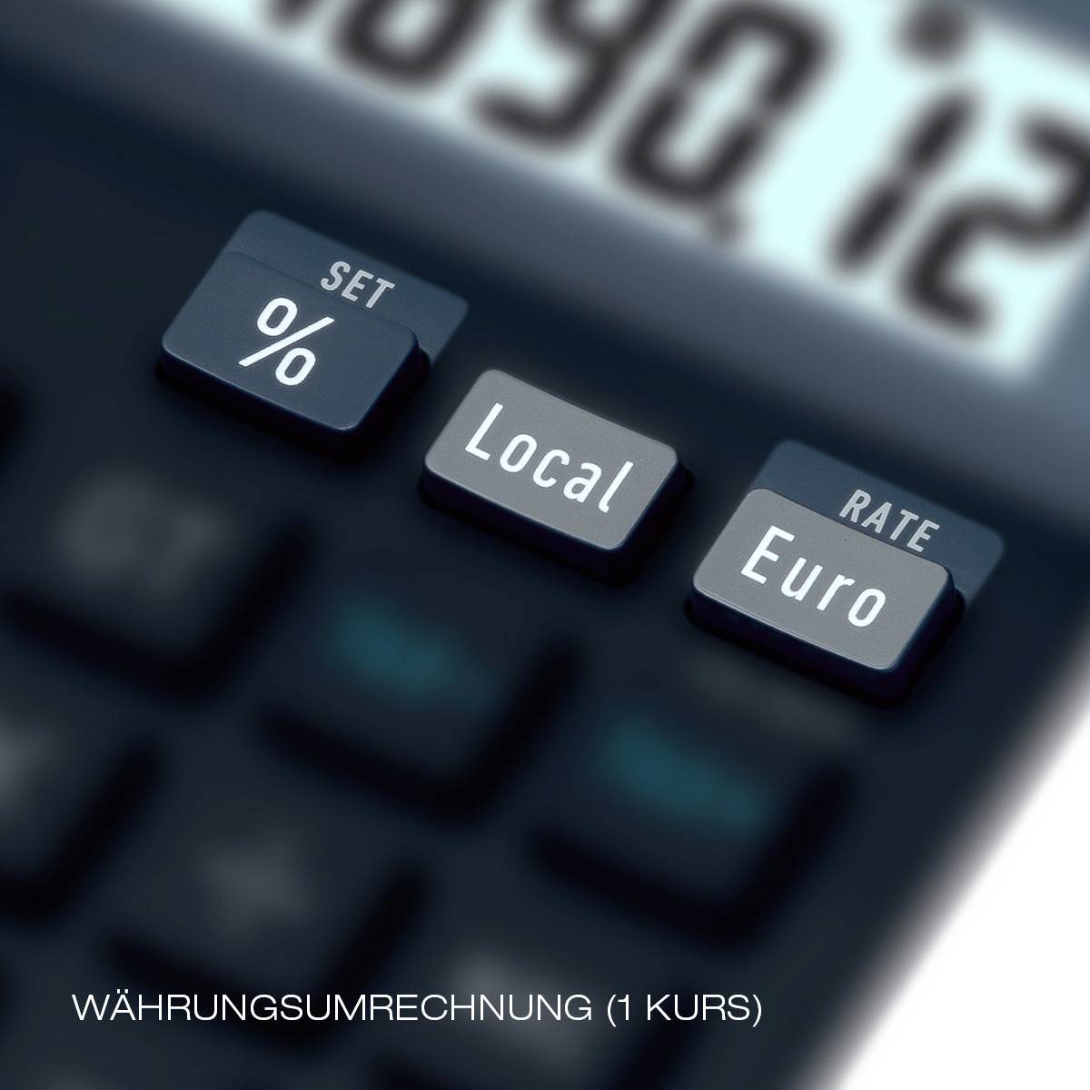 Une calculatrice avec des touches pour 'SET %', 'Local', 'Euro' et l'écran affichant un grand nombre. En bas, il est écrit 'Conversion de devises (1 taux)'.