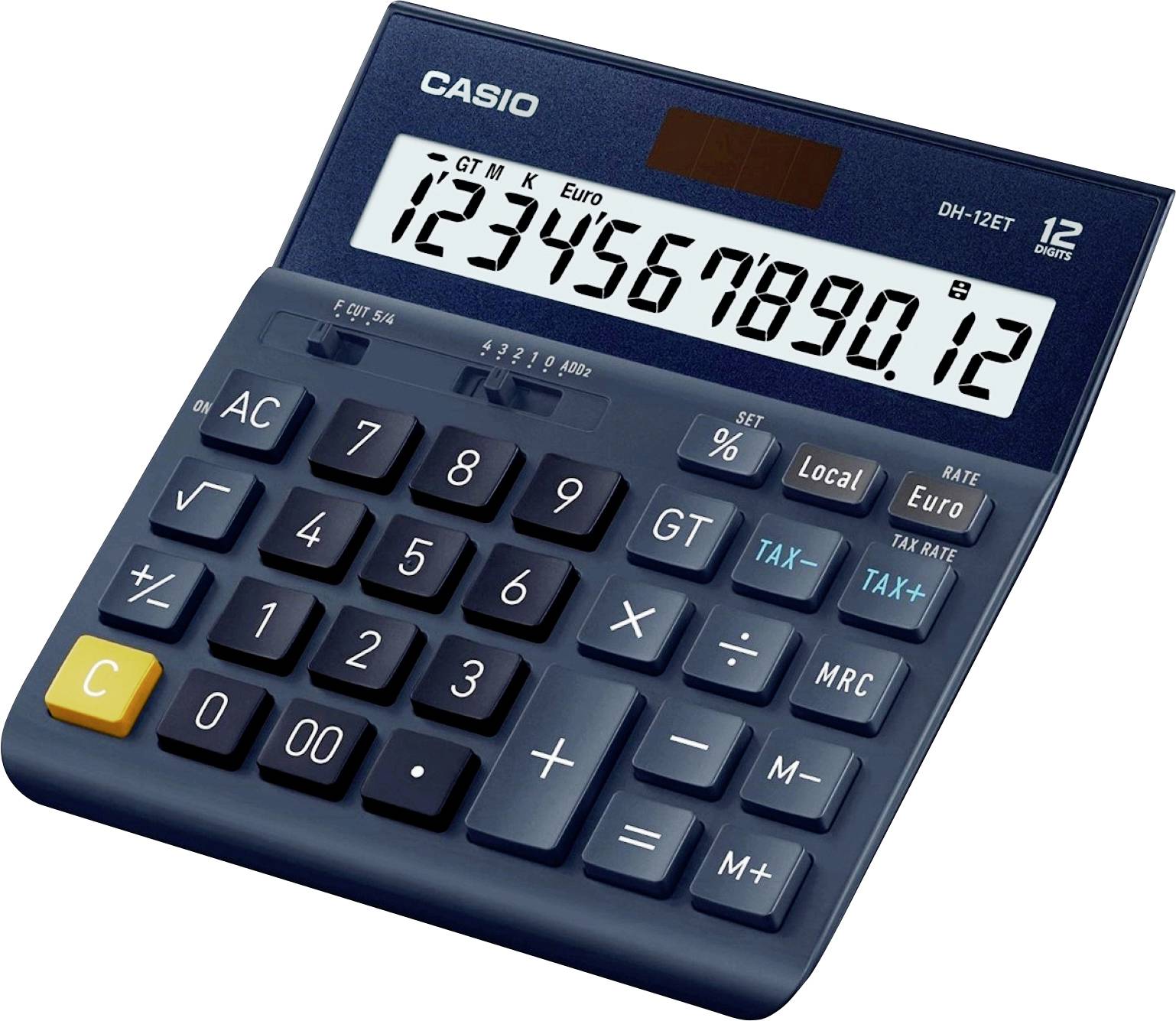 Une calculatrice bleue avec des touches larges et un écran affichant '1234567890.12'. Un logo 'CASIO' est visible en haut de l'appareil.