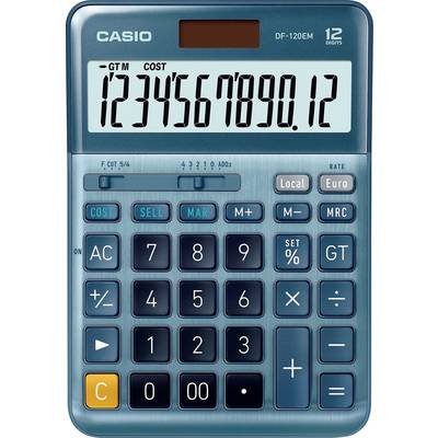 Un calculateur de poche Casio bleu avec un écran de 12 chiffres. Affiche les chiffres '1234567890,12'. Touches pour les fonctions standard et touches de contrôle.