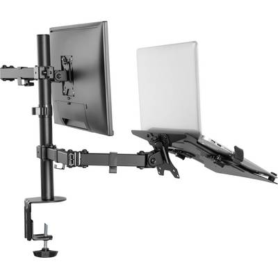 Un support noir double écran supporte un moniteur et un ordinateur portable dans une position de travail flexible, fixé sur une table.
