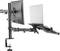Un support noir double écran supporte un moniteur et un ordinateur portable dans une position de travail flexible, fixé sur une table.