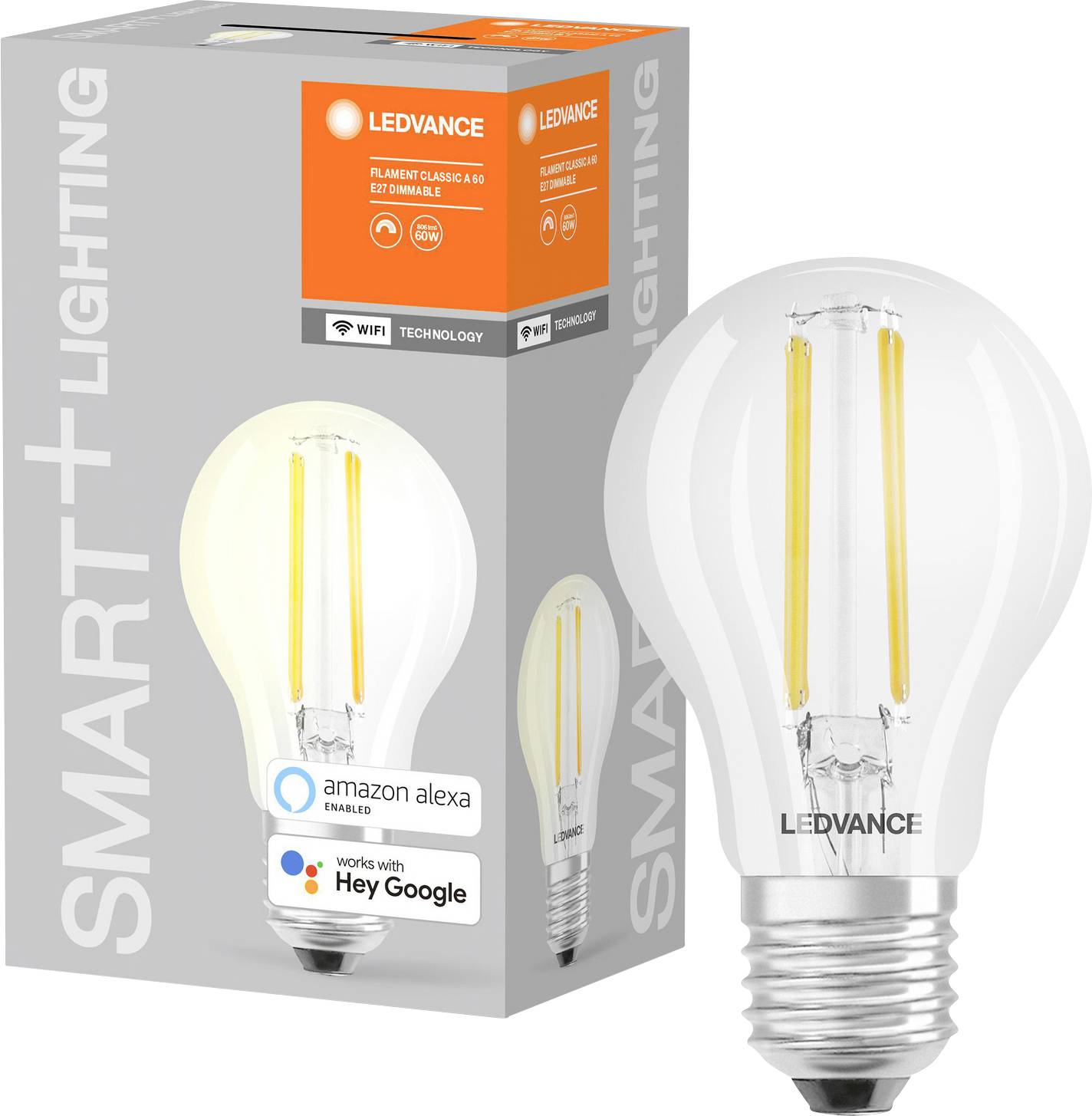 Ampoule LEDVANCE, compatible avec 'Amazon Alexa' et 'Hey Google'. L'emballage présente le produit et ses fonctionnalités telles que la compatibilité Wi-Fi.