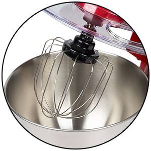 Robot de cuisine avec bol en acier inoxydable et fouet, adapté pour mixer et pétrir la pâte et d'autres ingrédients.