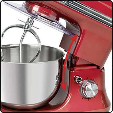 Machine de cuisine rouge avec un bol en acier inoxydable et un bouton rotatif. Des flèches pointent vers la combinaison du bol et du bouton pour attirer l'attention.