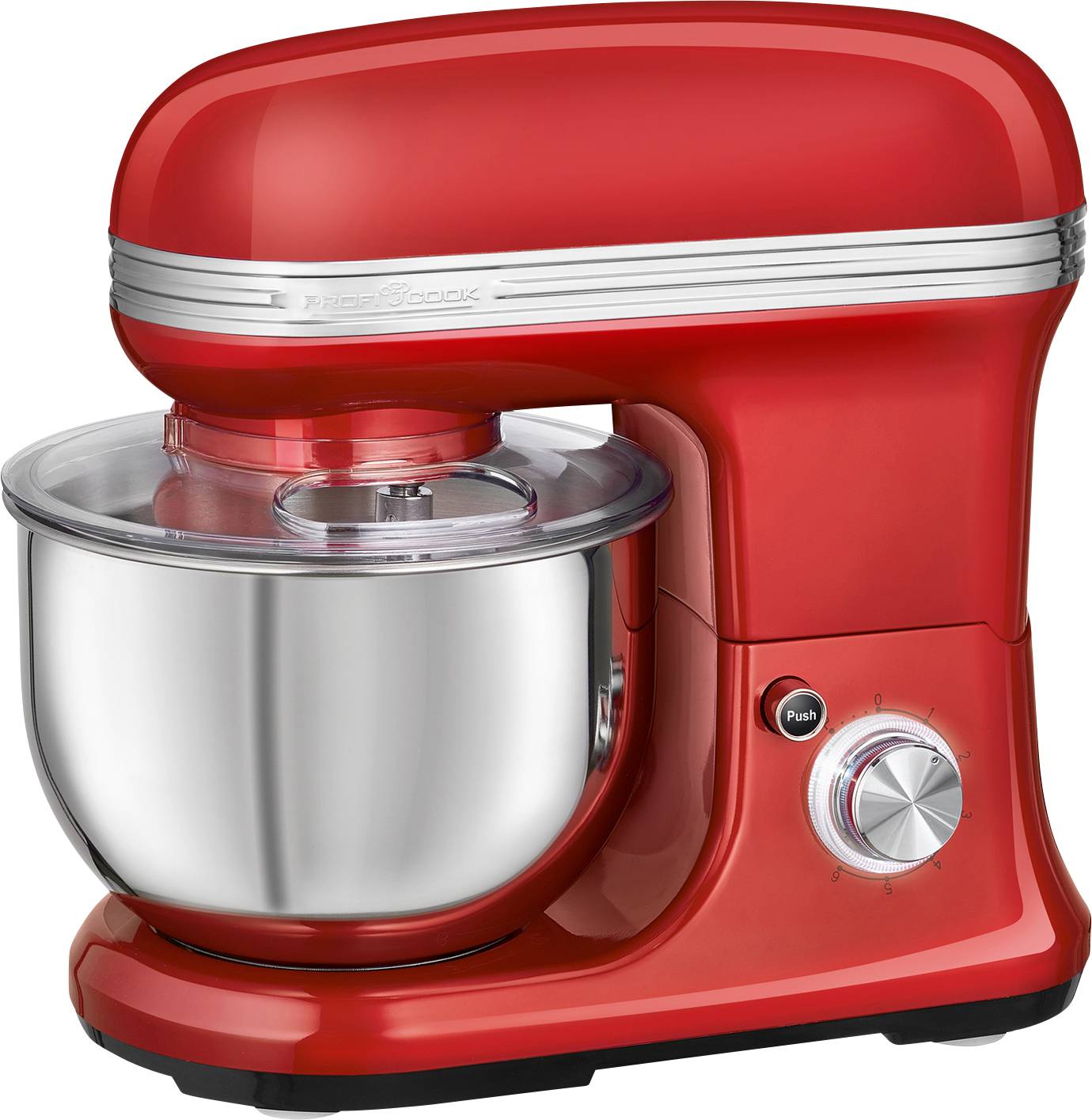 Machine à cuisiner rouge avec bol de mélange en acier inoxydable, bouton rotatif et interrupteur, idéale pour mélanger et pétrir la pâte.