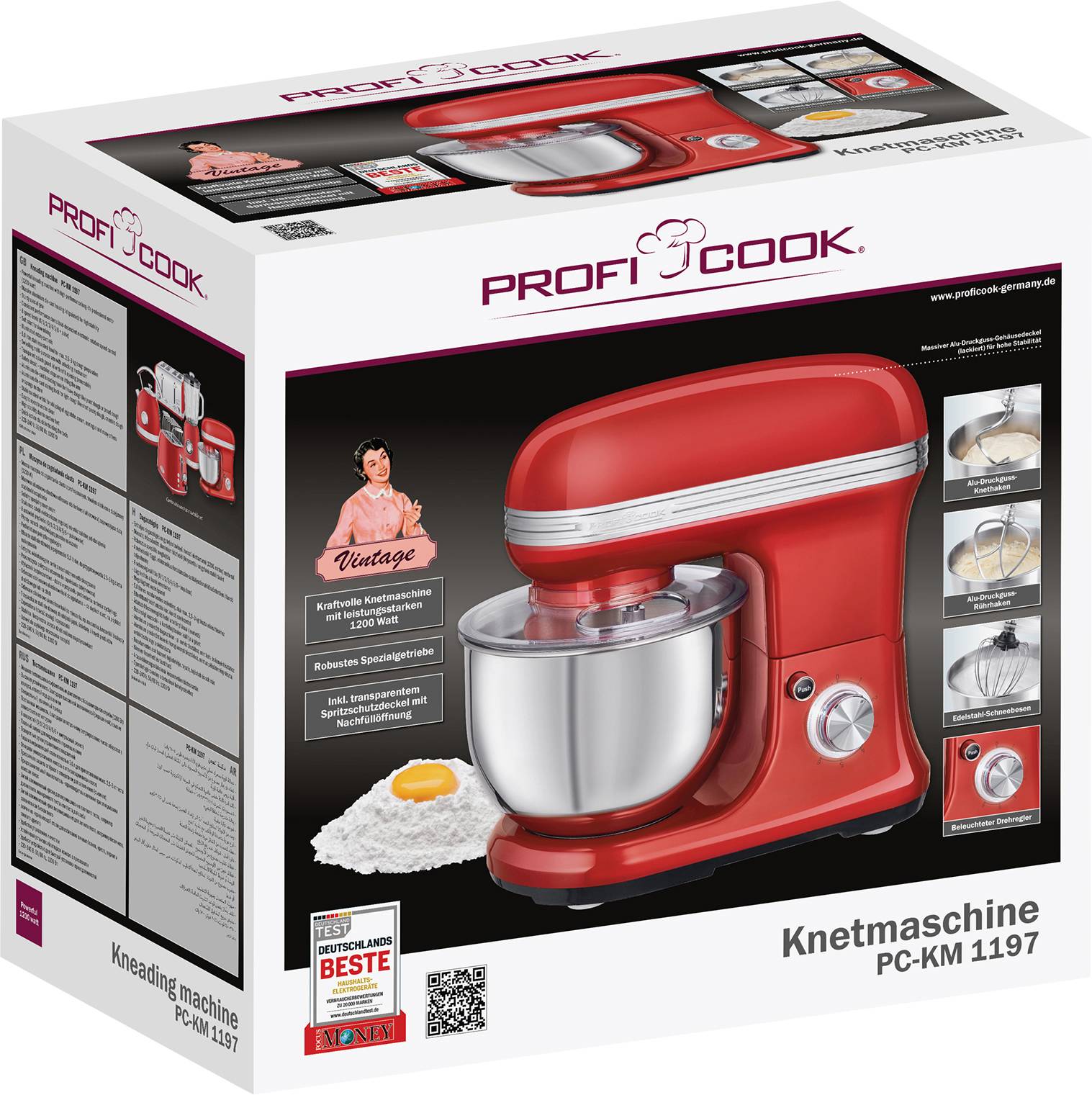 'Machine à pétrir rouge PC-KM 1197 de ProfiCook sur emballage. Contient des illustrations du produit, des spécifications et des mentions de certification.'