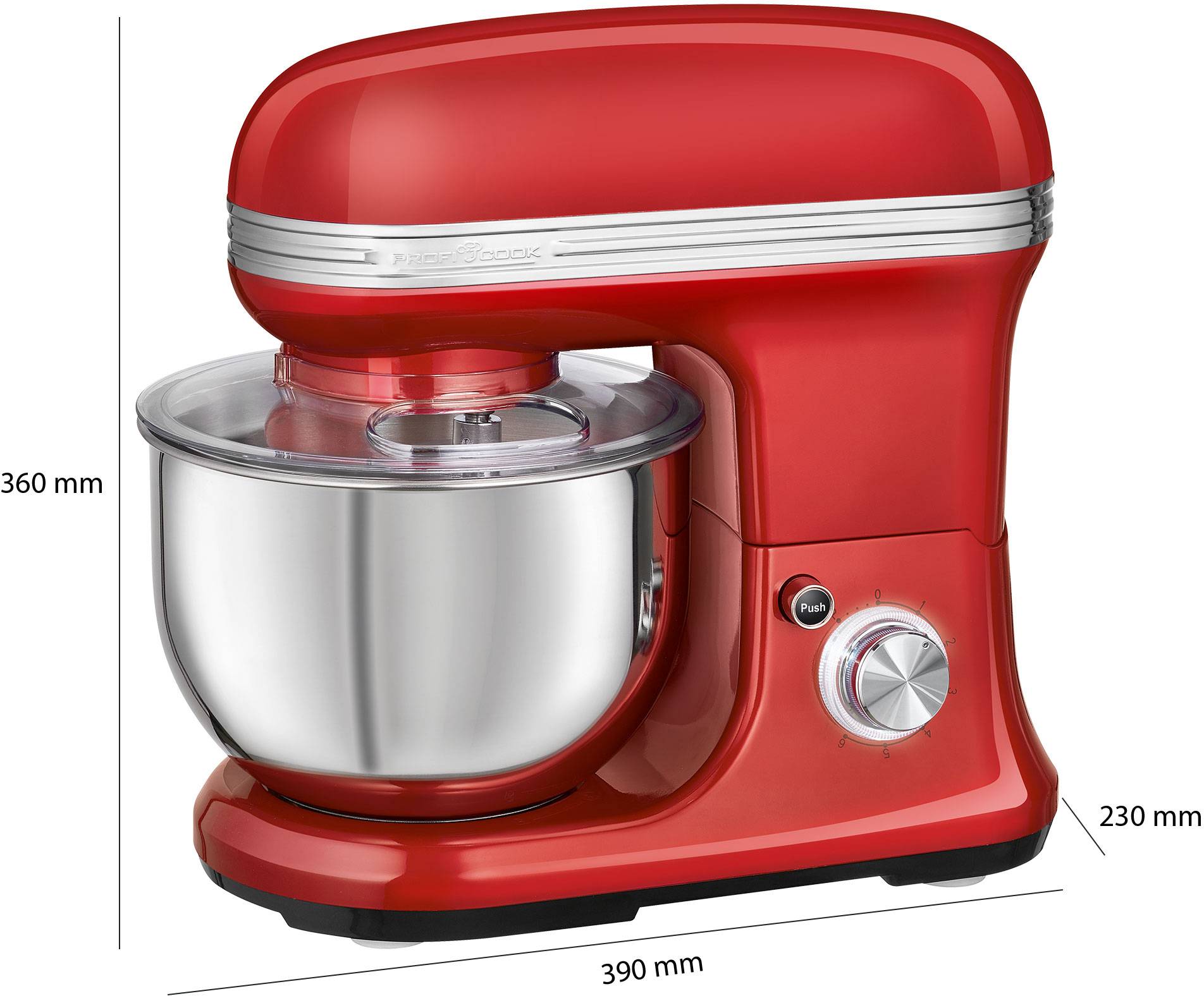 Robot de cuisine rouge avec bol en acier inoxydable, hauteur 360 mm, largeur 390 mm, profondeur 230 mm.