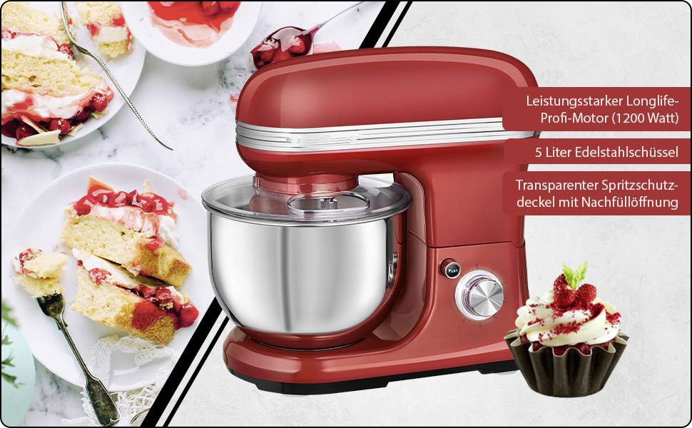 Machine de cuisine rouge avec bol en acier inoxydable de 5 litres. Texte à côté de la machine : « Moteur professionnel longue durée puissant (1200 watts) ».