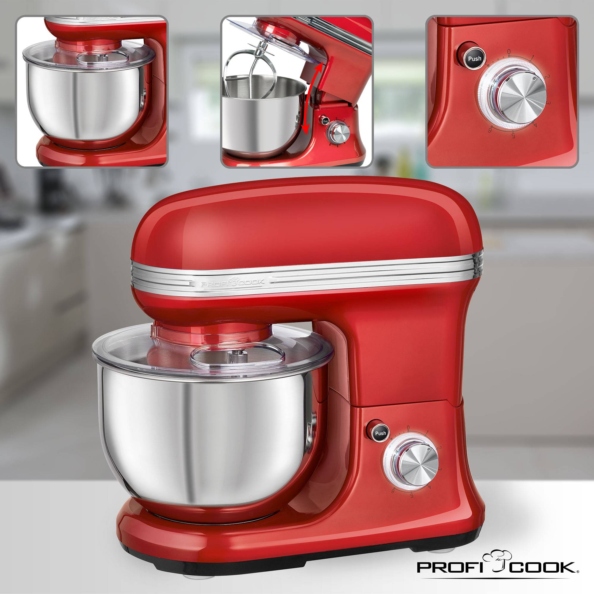 Machine de cuisine rouge avec un grand bol en acier inoxydable et des commandes. Gros plan sur le réglage de vitesse et le processus de mélange. Texte 'PROFI COOK' sur l'image.