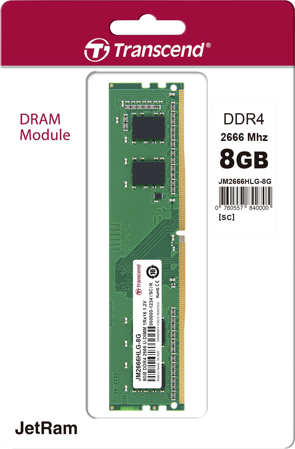 Module DRAM Transcend JetRam DDR4 8 Go 2666 MHz dans son emballage.
