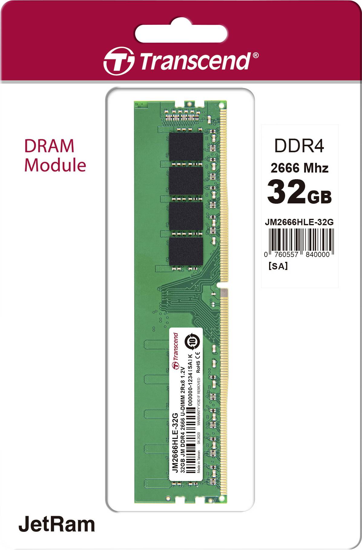 Transcend JetRAM Module mémoire pour PC DDR4 32 GB 1 x 32 GB 2666 MHz DIMM 288 broches CL19 JM2666HLE-32G-1