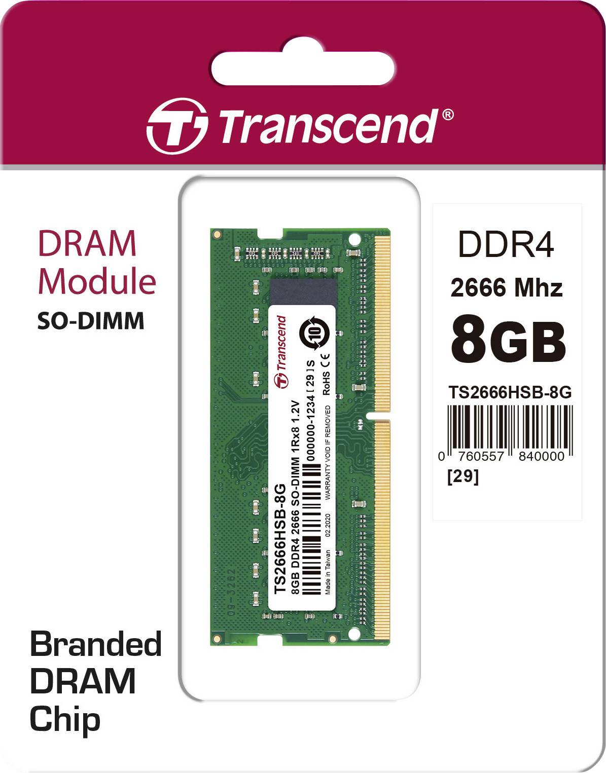 'Module RAM Transcend DDR4 SO-DIMM 8 Go, 2666 MHz' sur un emballage, affichant les spécifications et le code-barres du produit.