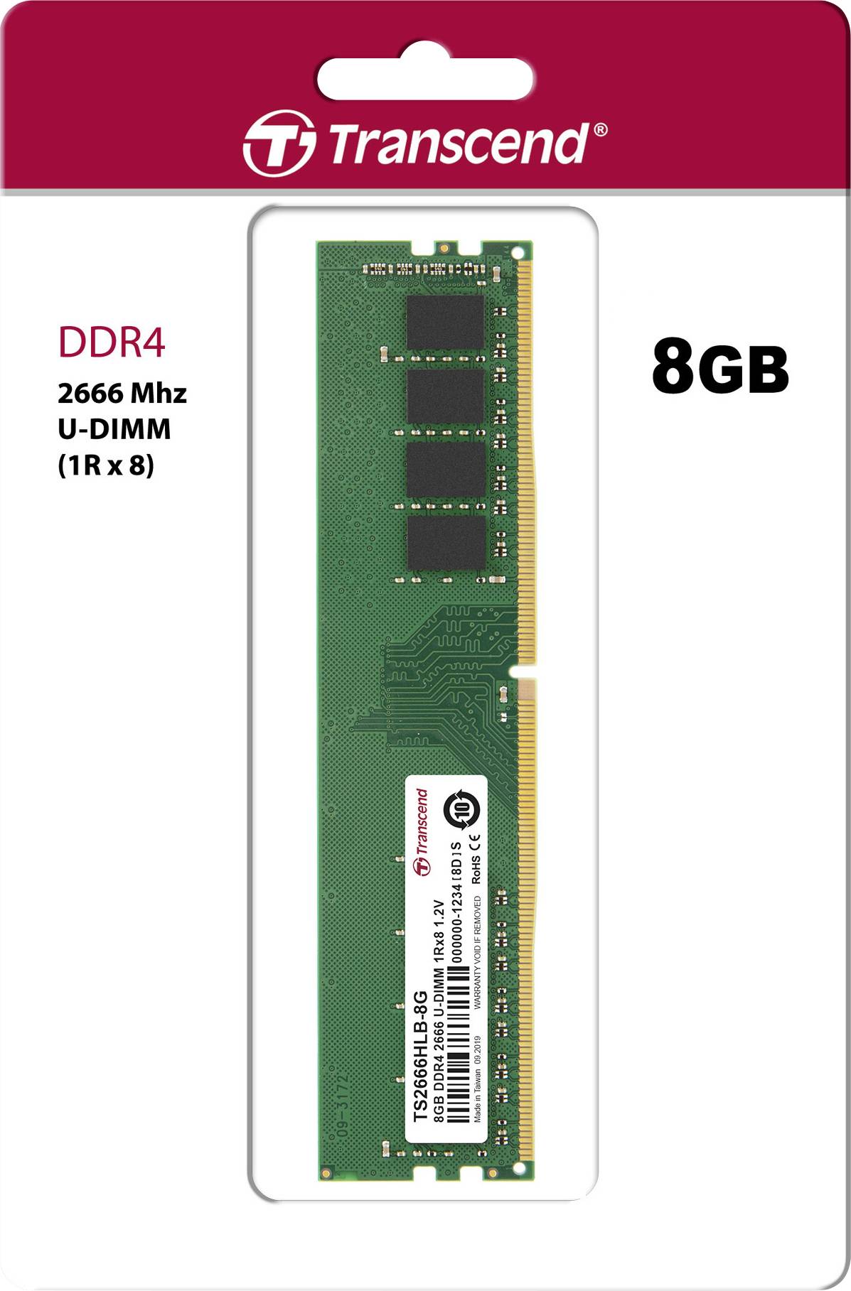 Module RAM DDR4 de 8 Go U-DIMM à 2666 MHz de Transcend dans son emballage.