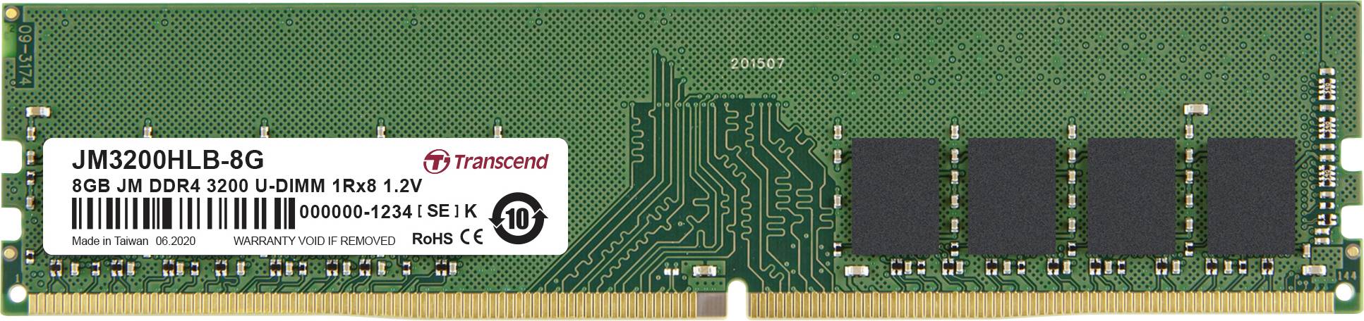 Module de mémoire Transcend 8Go DDR4 3200 U-DIMM avec configuration de mémoire 1Rx8 et design de PCB vert.