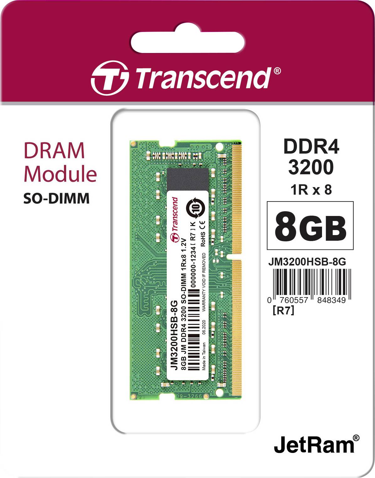 Module de mémoire DRAM JetRam de Transcend, DDR4 3200, 8 Go, SO-DIMM, 1Rx8. L'emballage présente les détails techniques et le logo de la marque.