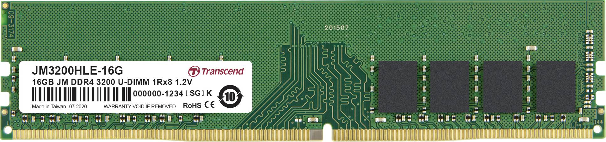 Module RAM DDR4 de Transcend de 16 Go, 3200 MHz, U-DIMM 1Rx8 1,2V, composé d'un circuit imprimé vert.