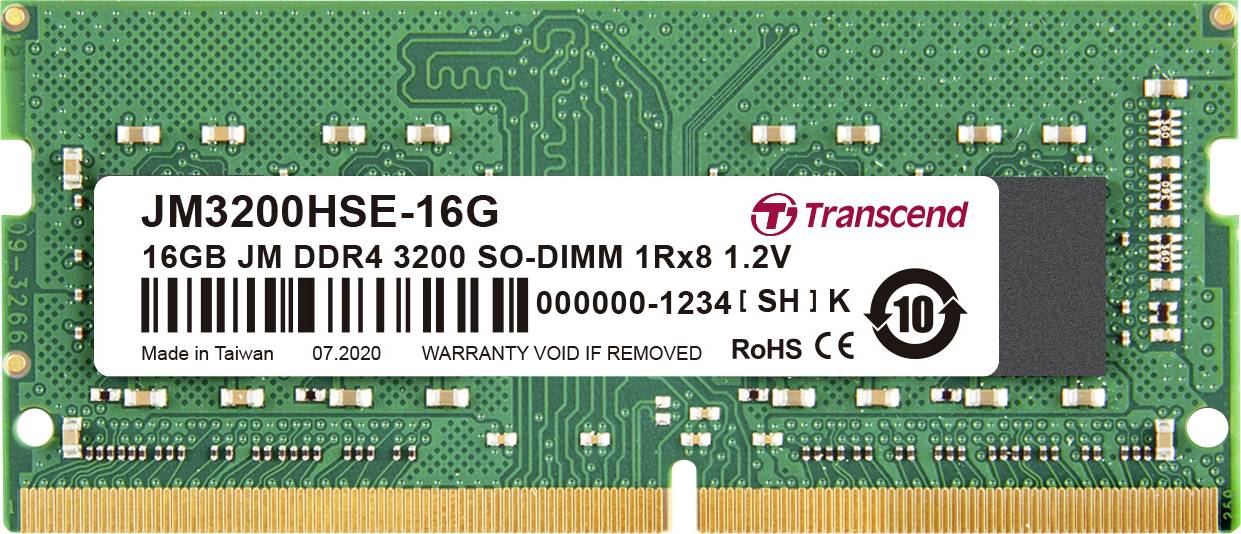 Transcend JM3200HSE-16G 16 Go carte mémoire, DDR4 3200 SO-DIMM, 1Rx8, 1,2V, Remarque : « Garantie invalide en cas de retrait ».