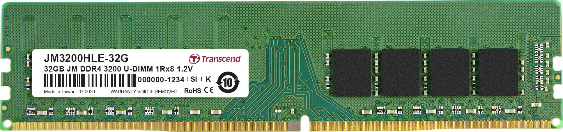 Un barreau de mémoire vert portant l'inscription 'JM3200HLE-32G', 32 Go DDR4 3200 U-DIMM, 1Rx8, 1,2 V de Transcend.