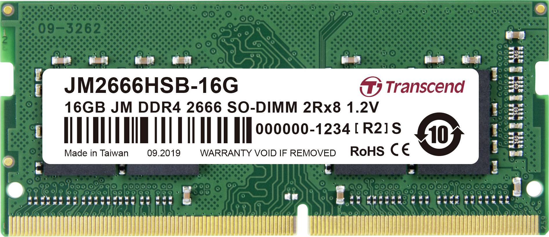 Un module RAM de Transcend : 16 Go DDR4 2666 SO-DIMM, numéro de modèle JM2666HSB-16G, avec code-barres et certification RoHS.