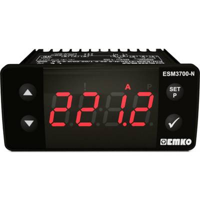 Affichage numérique d'un régulateur Emko ESM3700-N, indiquant la valeur '22,12'. Des touches de réglage et une coche sont visibles.