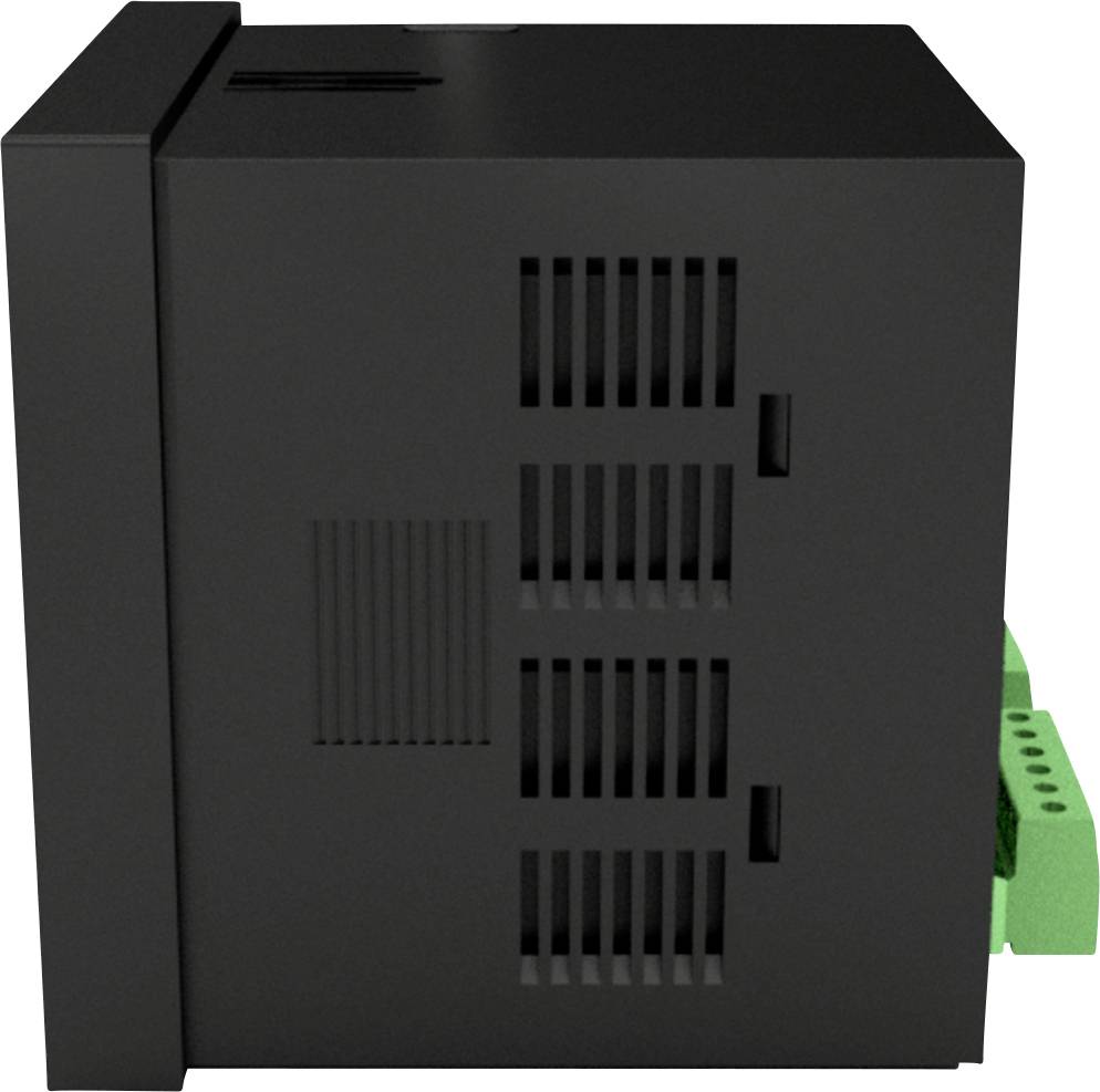 Appareil technique noir avec des fentes d'aération sur le côté et un connecteur vert à l'arrière. Probablement un module électronique.