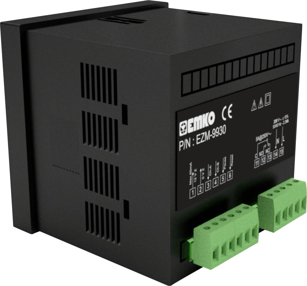 Bloc d'alimentation noir de la marque Emko, modèle EZM-9930, avec des bornes de connexion vertes et des spécifications techniques imprimées.