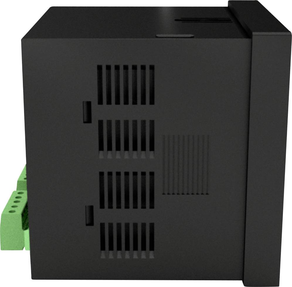 Appareil rectangulaire noir avec des fentes d'aération sur le côté ; des connecteurs verts dépassent à gauche.