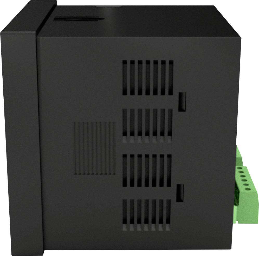 Appareil électronique noir sur le côté, avec des fentes d'aération et une borne de connexion verte visible.