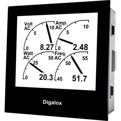 Un appareil de mesure numérique affiche quatre indicateurs : tension (8,27 volts), intensité de courant (2,48 ampères), puissance (20,3 watts) et fréquence (51,7 Hz).