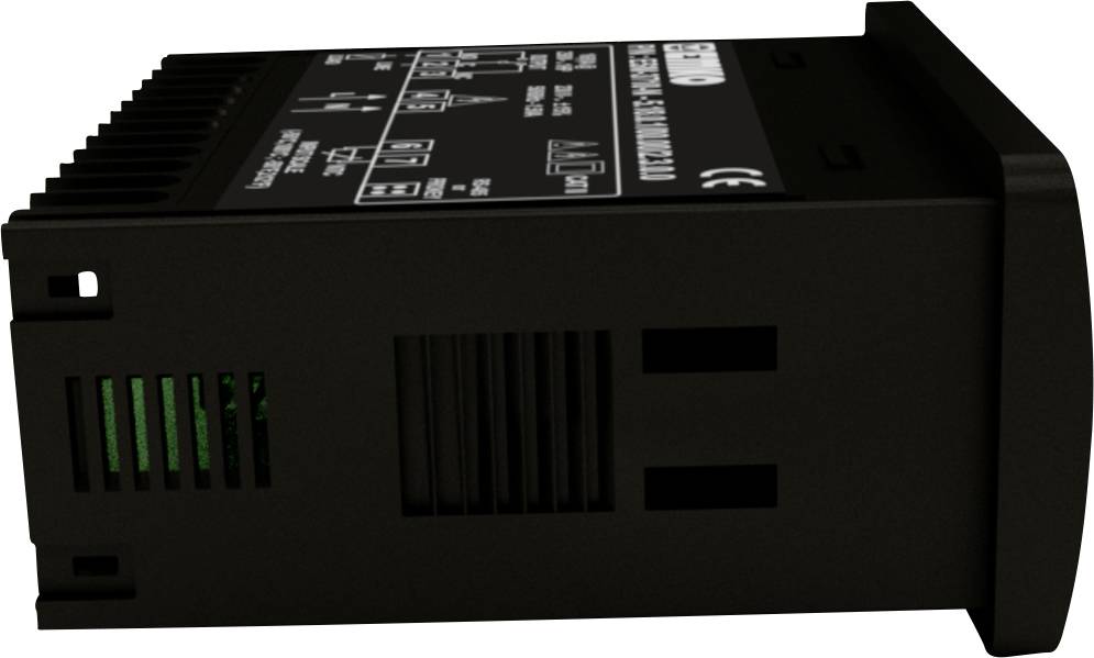 Un appareil électronique noir rectangulaire avec des ouvertures de ventilation et des éléments de commande sur le dessus.