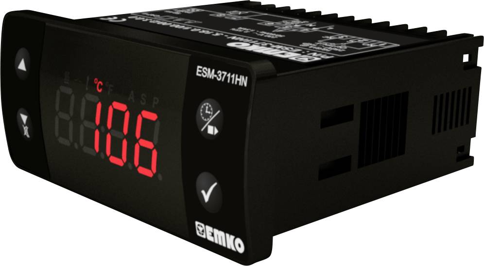 Régulateur de température avec affichage LED rouge indiquant '106°C'. Boîtier noir avec éléments de commande sur la gauche et informations du produit en haut.