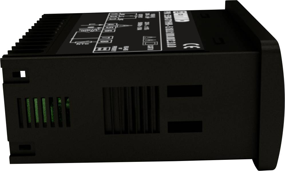 Appareil électronique noir rectangulaire avec des fentes de ventilation et des inscriptions sur le dessus, présenté de côté.