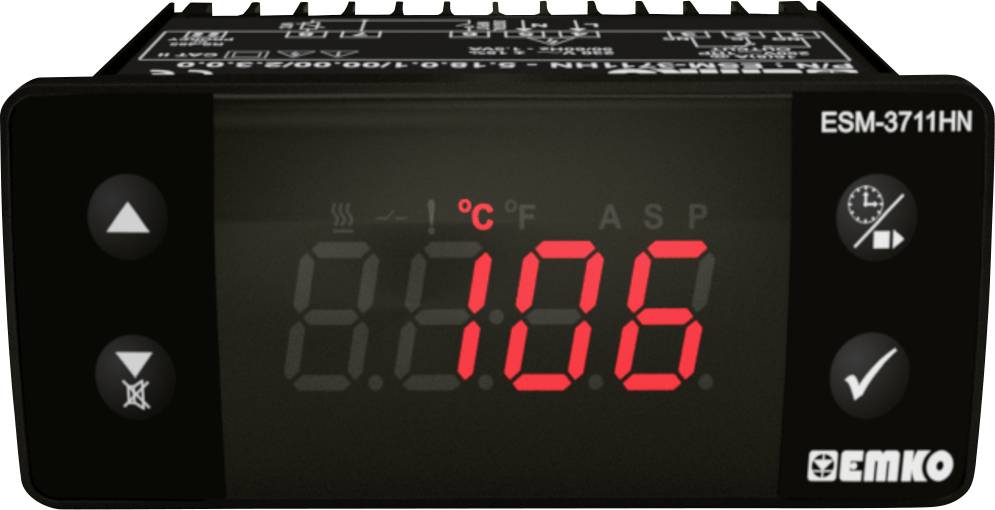 Thermostat numérique à panneau avec affichage rouge indiquant '106°C'. Touches de réglage. Marquage : 'EMKO'.