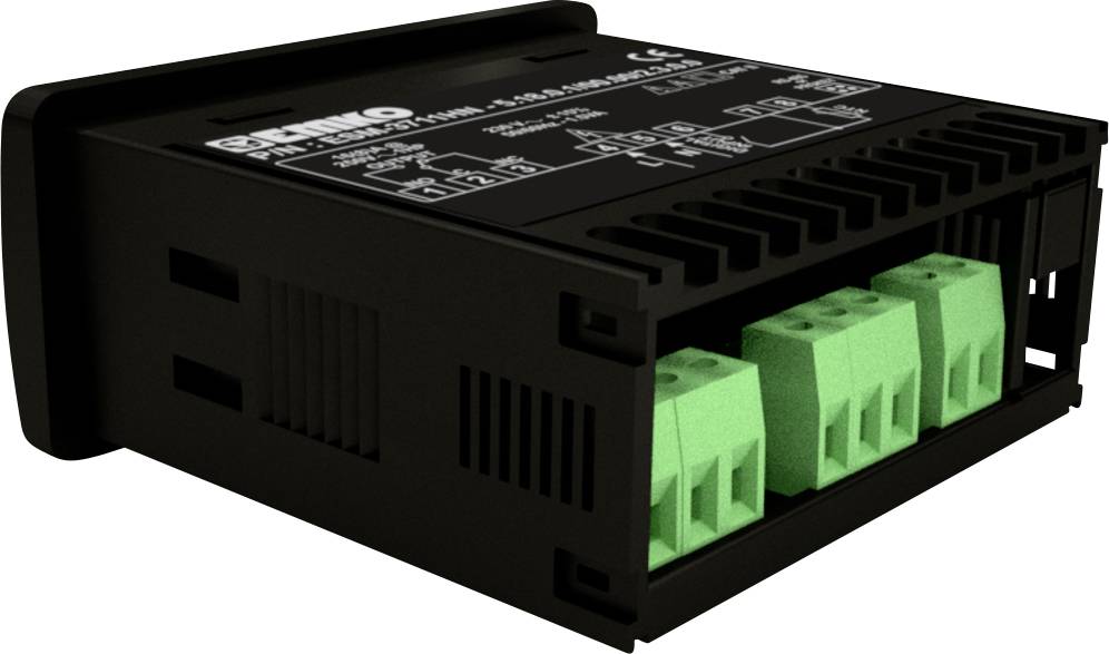 Module électronique avec cinq connecteurs enfichables verts visibles. La face supérieure affiche les spécifications techniques et le marquage CE.