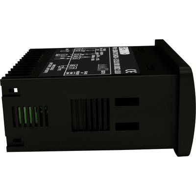 Un appareil électronique noir avec un étiquetage sur sa surface supérieure. Il présente des fentes d'aération et semble être un module de commande.