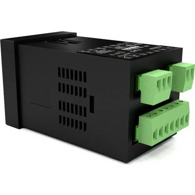 Un appareil électrique noir avec des bornes de connexion vertes à l'arrière, adapté aux applications industrielles.