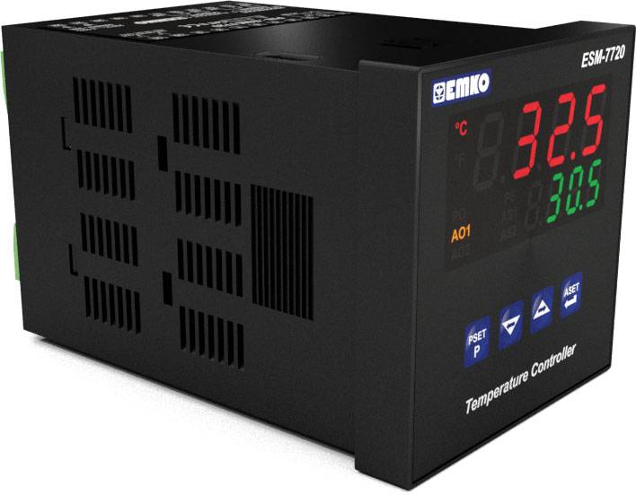 Régulateur de température noir avec affichage numérique montrant 32,5°C en rouge et 30,5 en vert. Marqué ESM-7720 de Emko.
