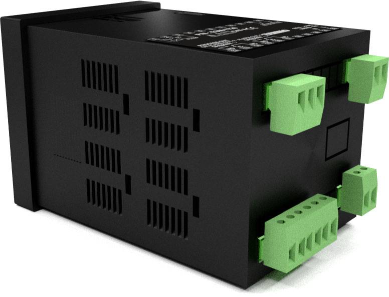 Appareil électrique noir avec des connexions vertes sur le côté droit. L'appareil dispose de fentes de ventilation latérales.