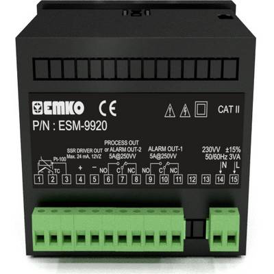 Un appareil électronique noir avec des connexions vertes. Texte sur la face avant : « P/N : ESM-9920, CE, CAT II ».