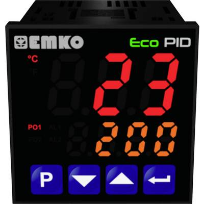 Affichage numérique noir avec 'EMKO Eco PID', affichant une température rouge de '22,3 °C', avec des touches bleues et oranges en dessous.