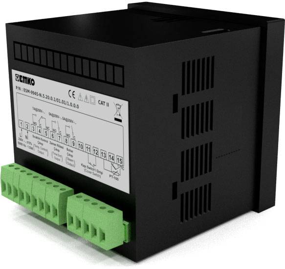 Un régulateur électronique noir avec des bornes de connexion vertes et l'inscription 'EMKO'. Il présente des spécifications techniques et des diagrammes.